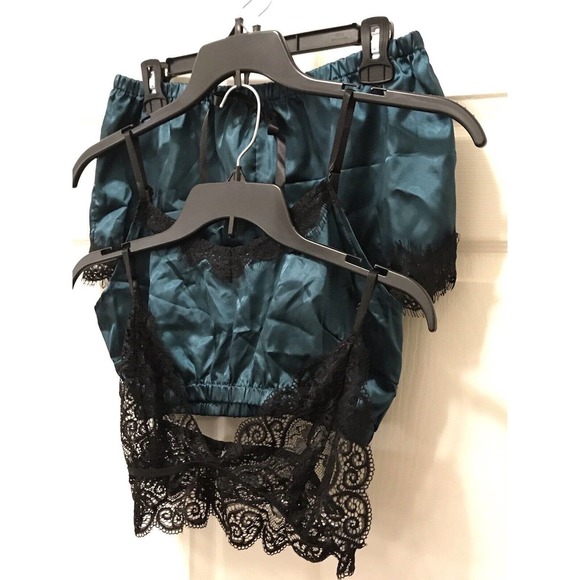 3 Piece Lingerie Lounge Set XL, Satin and Lace, Dark Green & Black - Picture 6 of 15